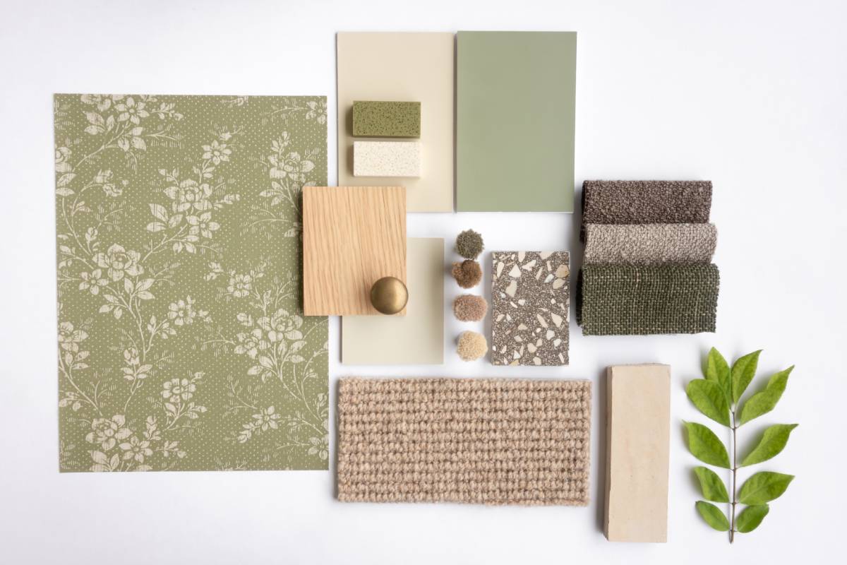 A flat lay of design elements for clients to envision as a mood board