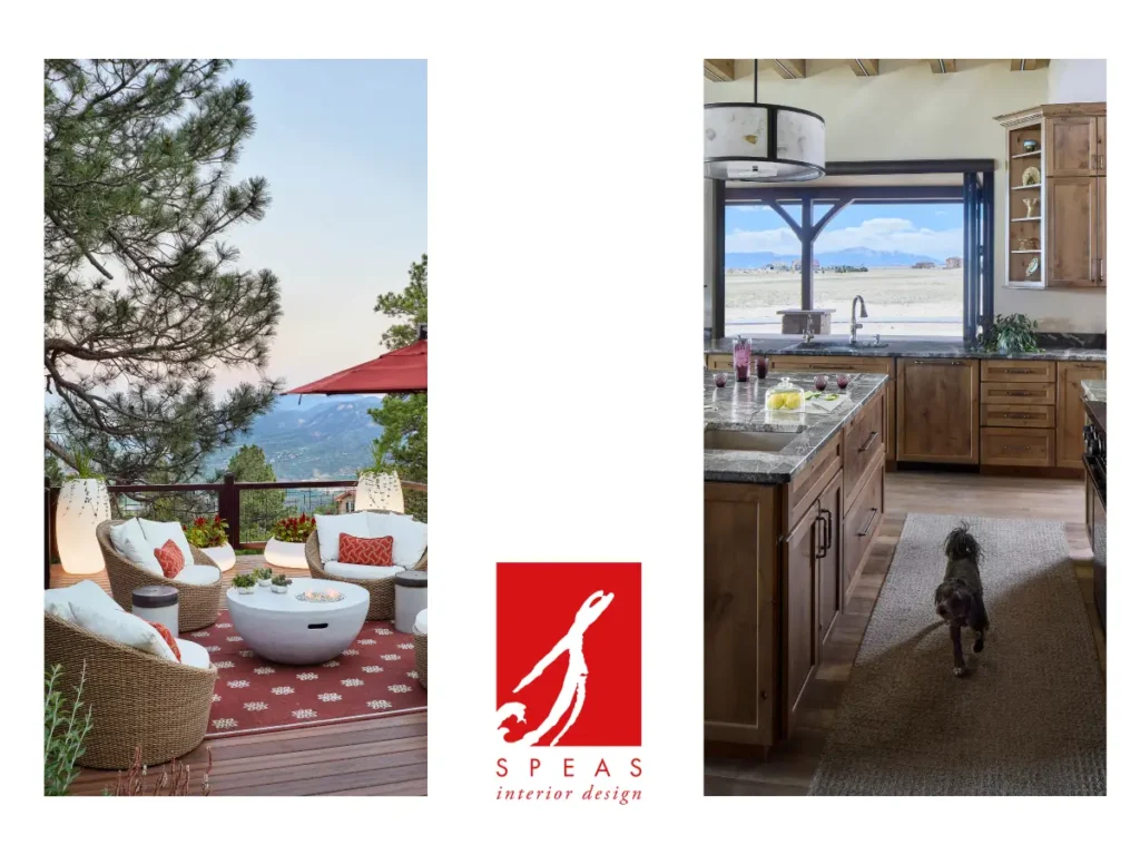 A collage of indoor and outdoor entertaining zones with the Speas Interior Design logo