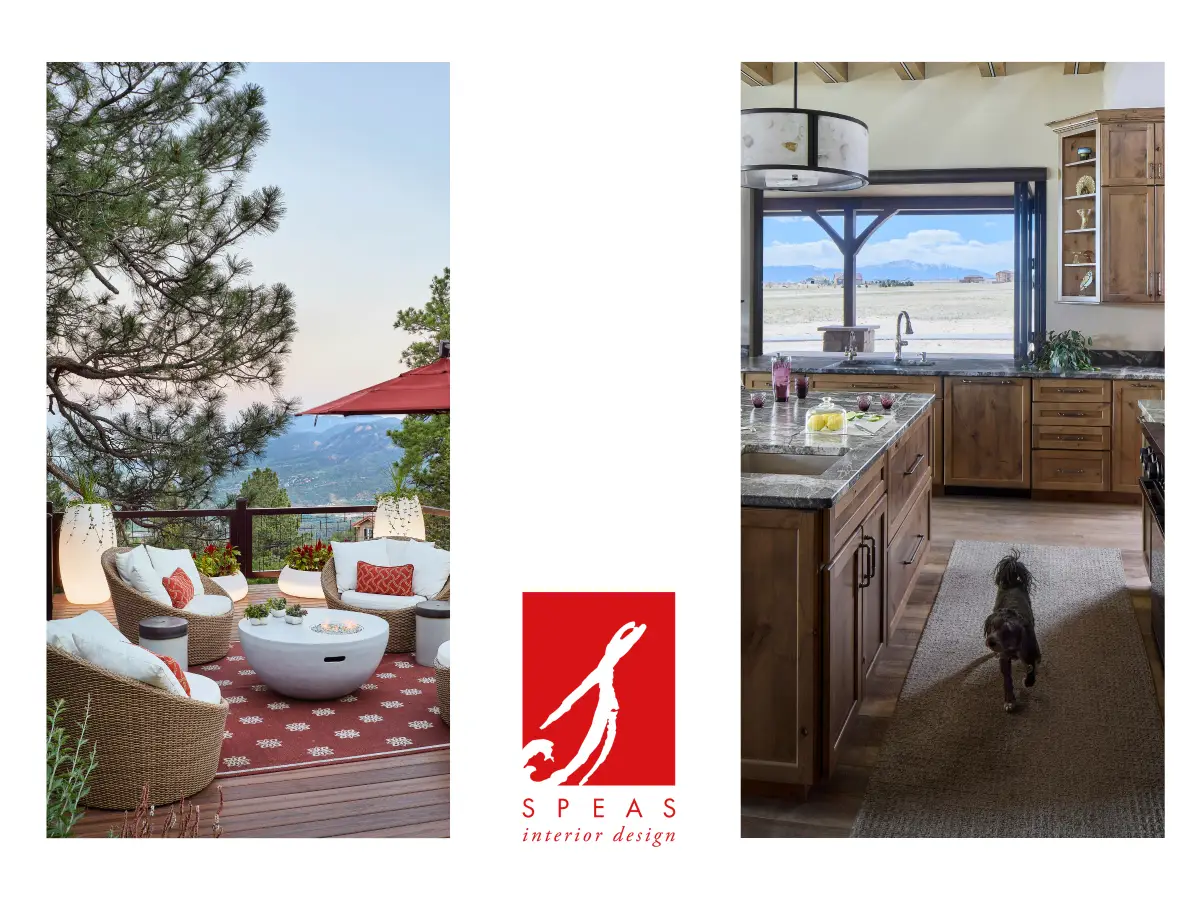 A collage of indoor and outdoor entertaining zones with the Speas Interior Design logo